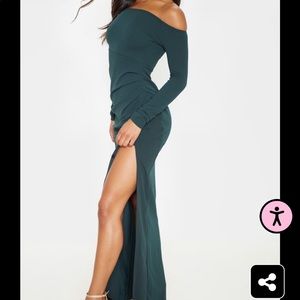 PrettyLittleThing Emerald Green Wrap Over Long sleeve Bardot Maxi Dress.